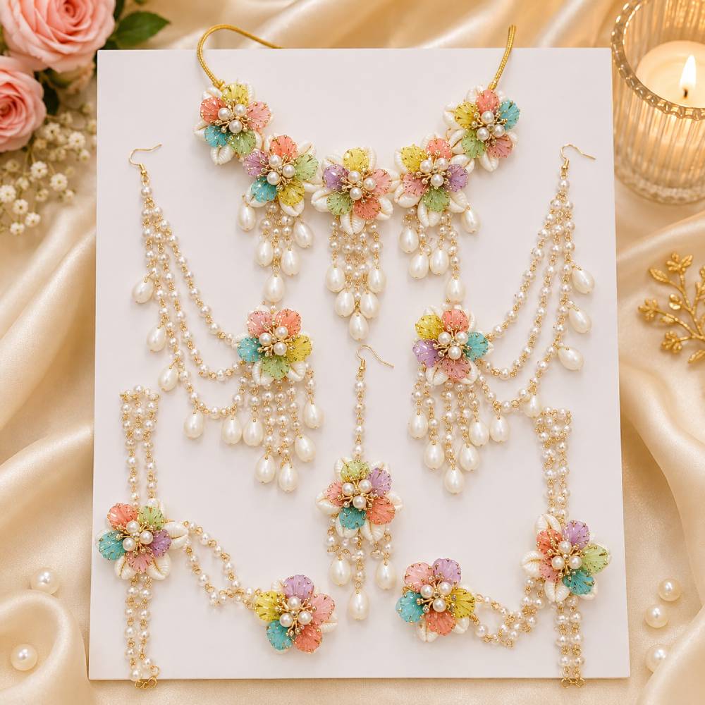 aasha fashion multicolor floral artificial jewelry set for women & girls | fancy pearl necklace set with earrings, mang tikka & hathphool jewels| bridal jewellery set for wedding, engagement, mehndi, haldi & festive occasions