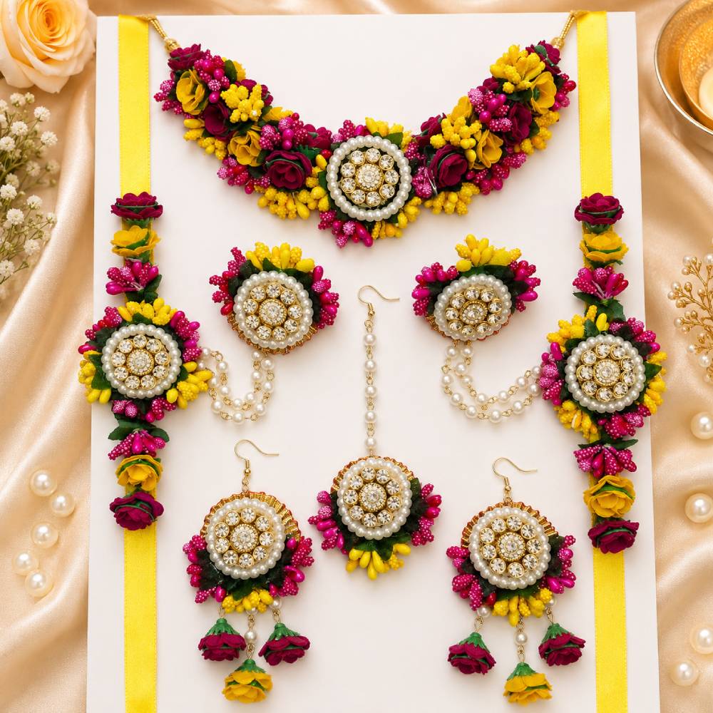 aasha fashion maroon & yellow kundan jewellery set for women & girls | designer floral artificial bridal wedding jewellery set | flower necklace, maang tikka, earrings & hathphool set | handcrafted jewelry for engagement, mehndi, haldi, festivals & special occasions