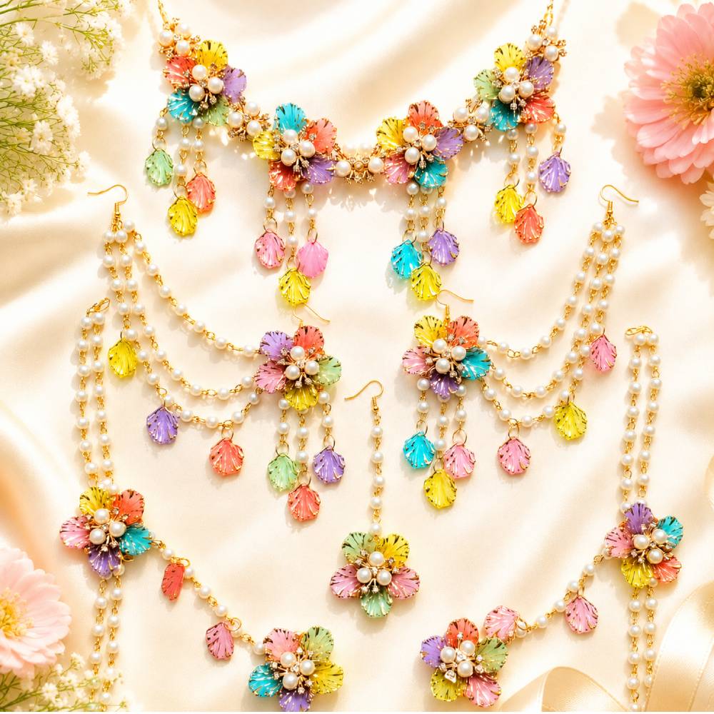 Aasha Fashion Designer Multicolor Floral Artificial Pearl Jewellery Set for Women & Girl – Bridal Necklace, Mangtika, Earrings Set & Hathphool Jewelry for Festival & Wedding