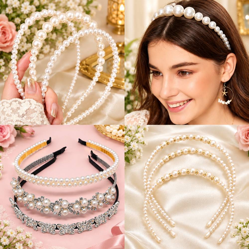 Pearl Headbands Set for Women and Girls - Elegant Rhinestone Crystal Hair Bands Festival Fashion Accessories