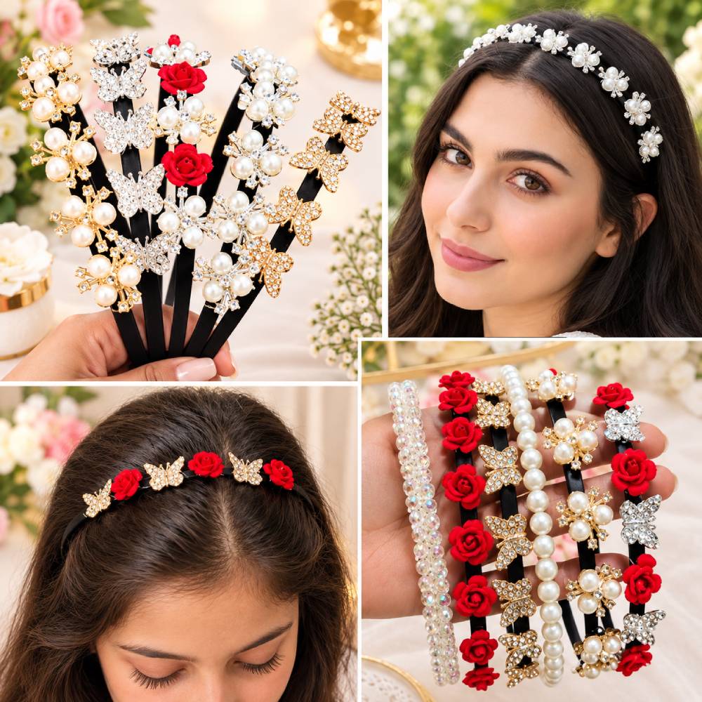 Aasha Fashion Designer Pearl & Crystal Hairband for Women & Girls | Fancy Hair Accessories with Rose, Butterfly & Pearl Designs | Stylish Headband for Party & Festive Wear