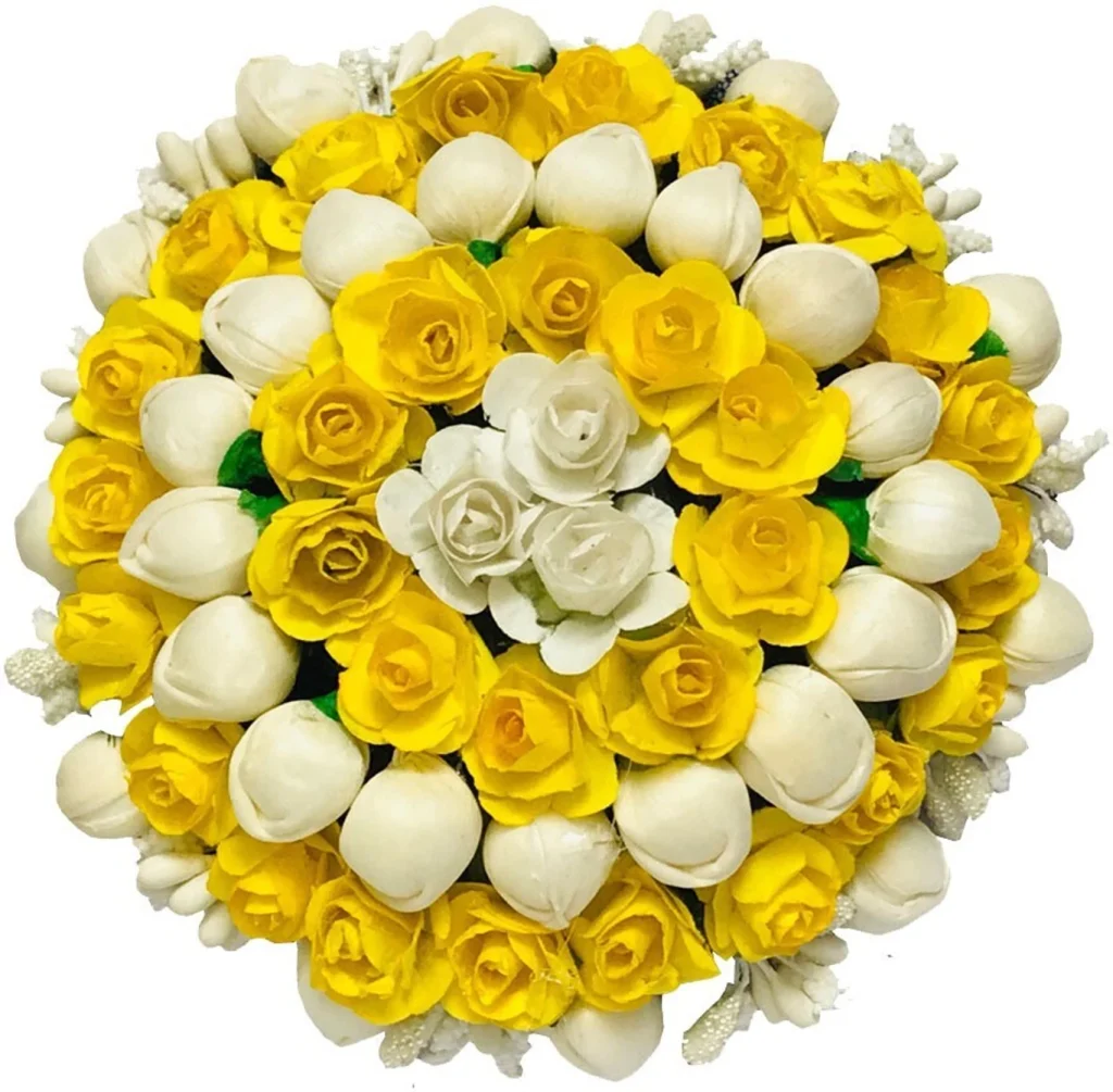 Artificial Yellow & White Rose Flower Gajra - Bridal Hair Bun Maker Juda Extension Accessories for Women and Girls