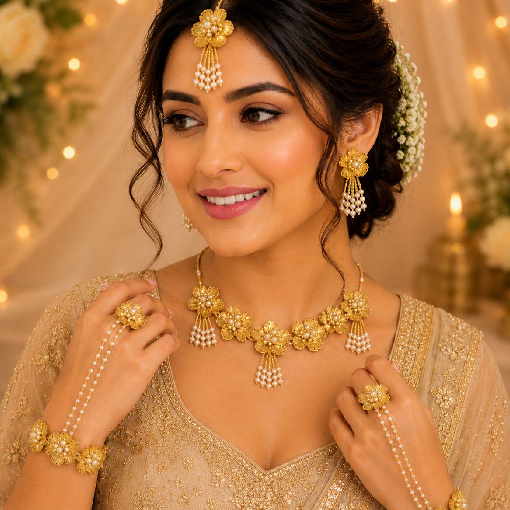 Aasha Fashion Gold Floral Artificial Jewellery Set for Women & Girls | Designer Necklace Set with Earrings, Maang Tikka & Hathphool jewelry | Bridal Jewellery for Wedding, Engagement, Mehndi, Haldi & Festive Occasions