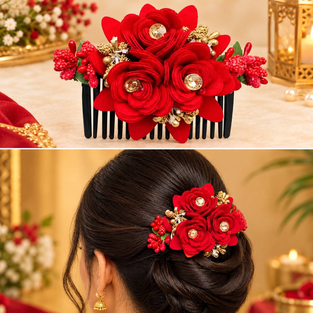 Aasha Fashion Red Floral Juda Comb Hair Accessories | Fancy Flower Bun Maker Hair Clip for Women & Girls | Designer Hair Bun Accessories for Wedding, Bridal, Party & Festive Occasions