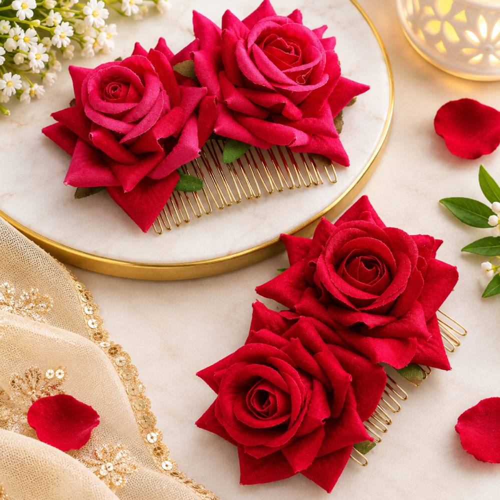 Aasha Fashion Red Artificial Rose Flower Hair Bun Maker with Hair Comb | Elegant Floral Juda Hair Accessory for Women & Girls | Bridal, Wedding, Party & Festive Wear