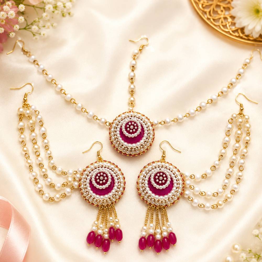 Aasha Fashion Pearl Beaded Earrings & Maang Tikka Set for Women & Girls | Traditional Artificial Jewellery Set with Designer Pearl Necklace & Hanging Earrings | Bridal, Wedding, Haldi, Mehendi & Festive Wear