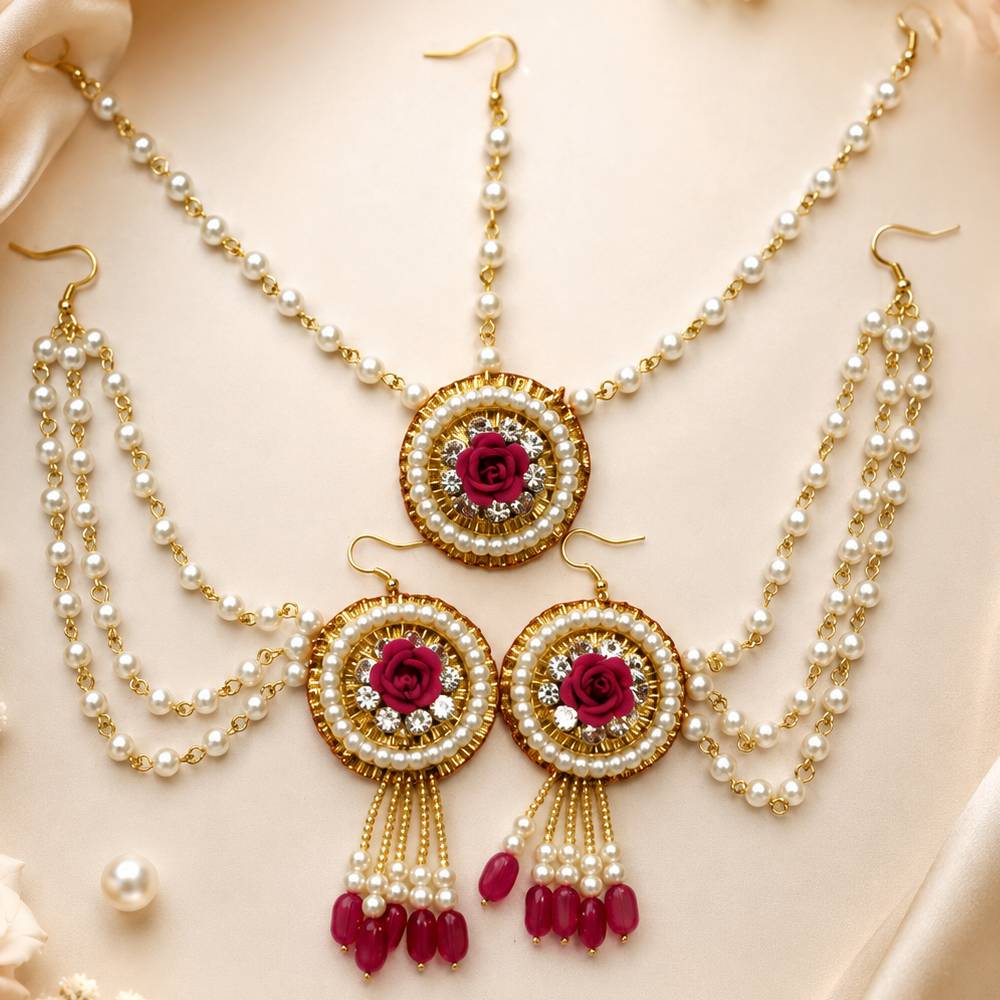 aasha fashion red rose pearl artificial jewellery set for women & girls | pearl necklace design earrings & mangtikka set | bridal, wedding, haldi, mehendi & festive wear jewelry set