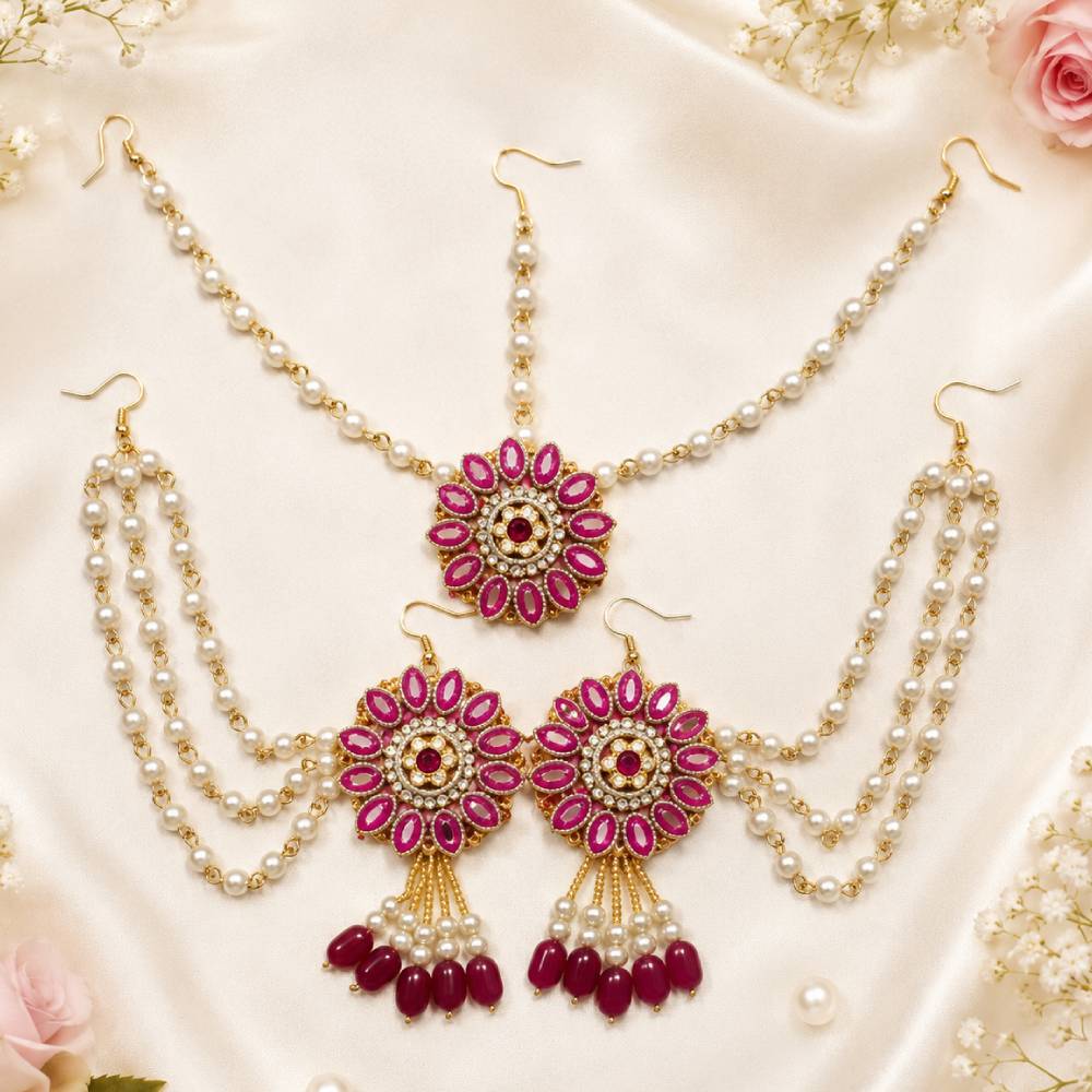 aasha fashion pink stone pearl artificial jewelry set for women & girls | designer pearl earrings & maangtika set | bridal, wedding, haldi, mehendi & festive wear jewellery set