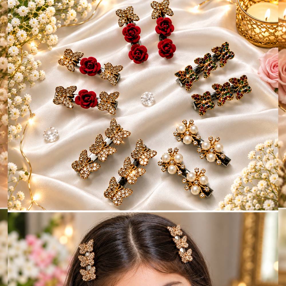 Butterfly Hair Clips Set for Women and Girls - Gold Rhinestone Pearl & Red Rose Hair Pins, Elegant Duckbill Alligator Clamps Combo Pack