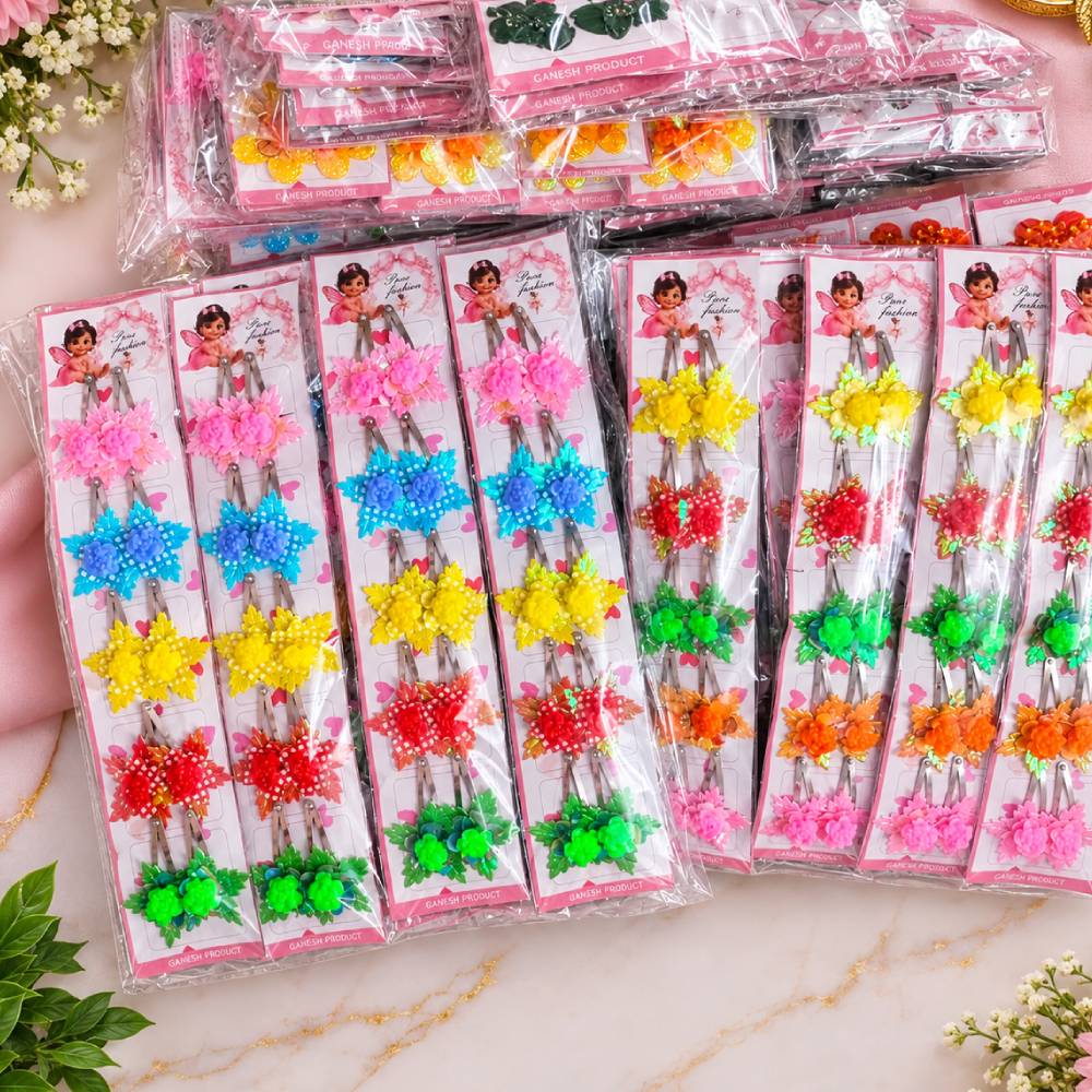 Floral Tik Tik Hair Clips Set for Kids and Girls - Colorful Artificial Flower Hair Pins Pack
