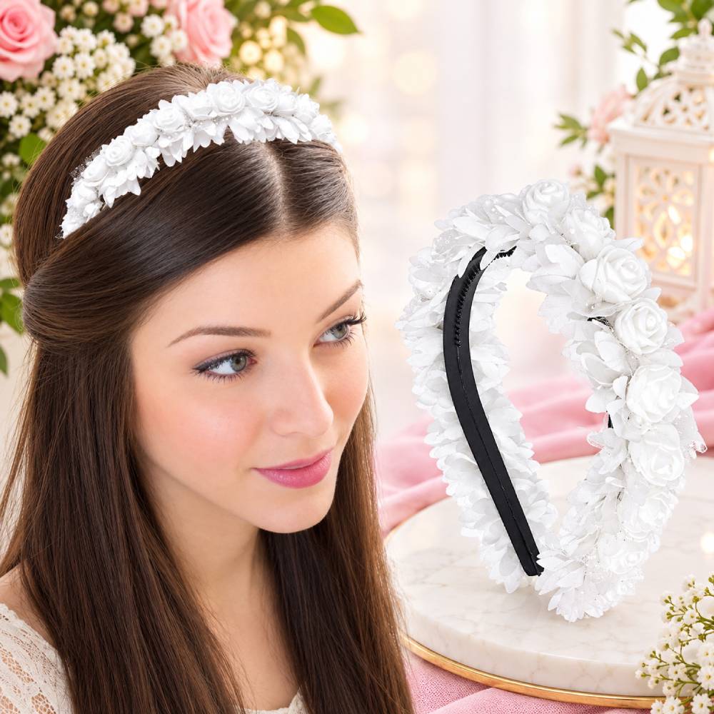 White Flower Headband for Women and Girls - Elegant Artificial Floral Tiara Hair Band Women Festival Accessories