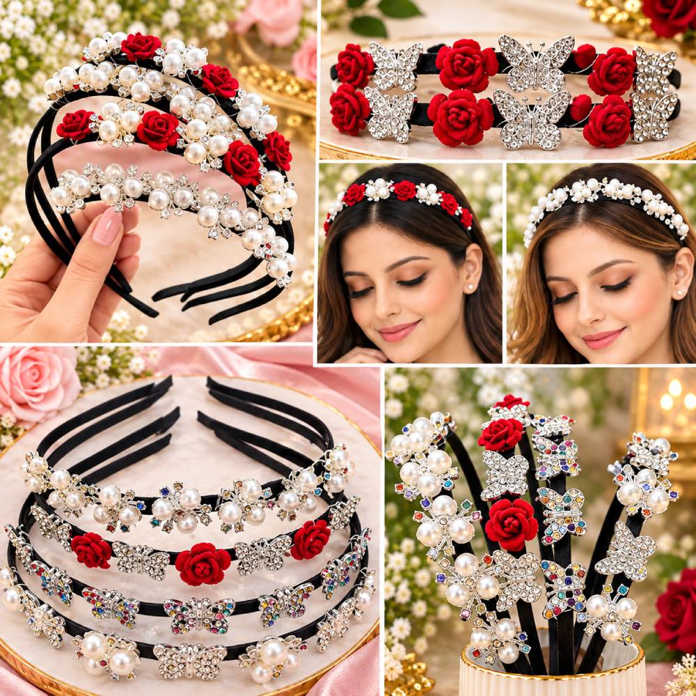 Aasha Fashion Fancy Pearl & Floral Headband Collection for Girls & Women | Designer Rhinestone Butterfly Hair Bands for Wedding, Party & Festive Occasions