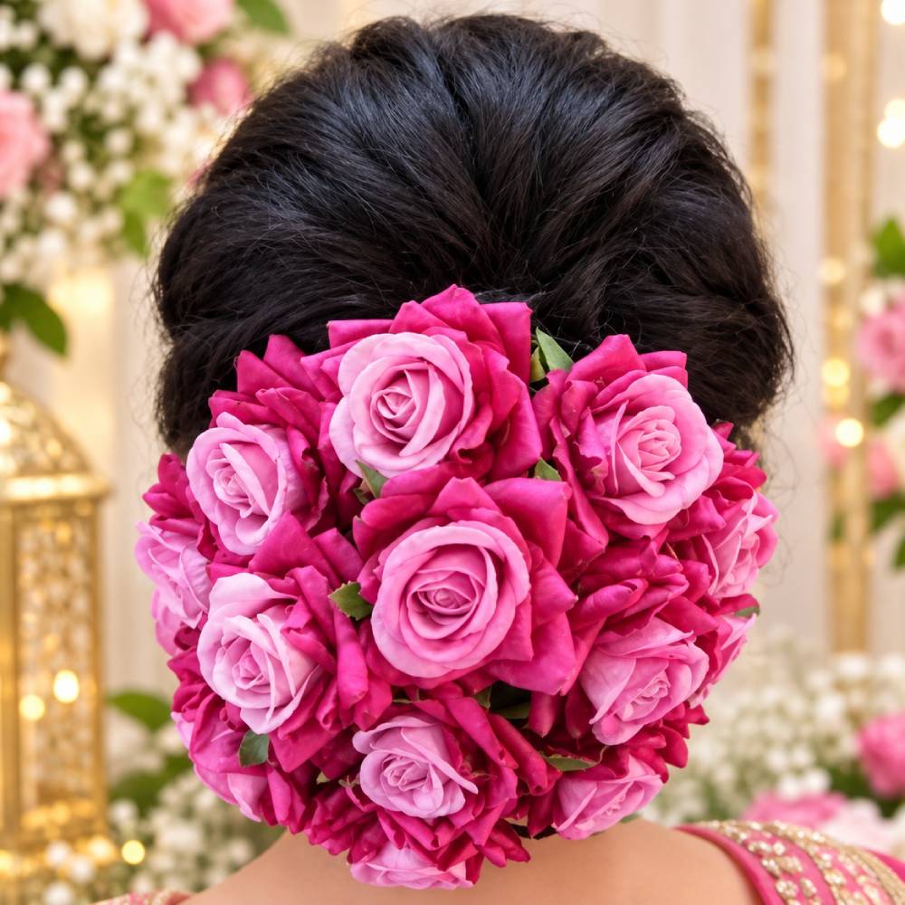 Aasha Fashion Pink Artificial Rose Flower Juda Bun for Women | Beautiful Floral Hair Bun Maker for Bridal & Wedding Hairstyles | Decorative Gajra Hair Accessory for Party, Festive & Traditional Wear