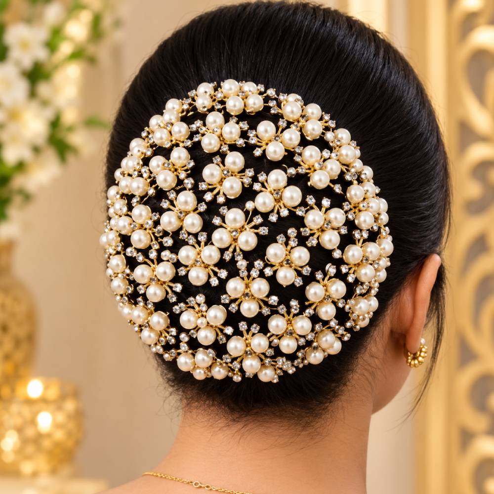 Aasha Fashion Pearl Juda Bun Hair Accessories | Designer Pearl & Rhinestone Hair Bun Maker for Women & Girls | Elegant Juda Hair Accessory for Wedding, Bridal, Party & Festive Occasions