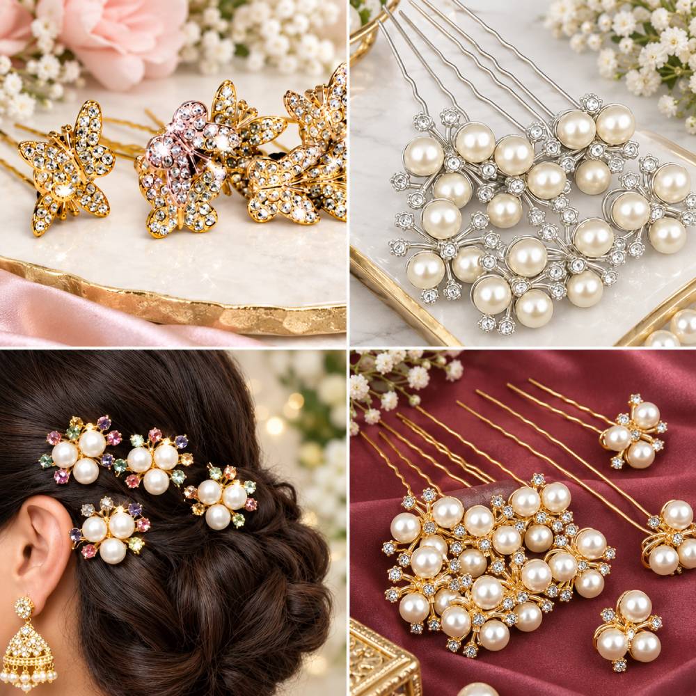 Aasha Fashion Pearl & Crystal Juda Pins for Women | Elegant Hair Bun Pins & Decorative Hair Accessories | Bridal Juda Accessories for Wedding, Party & Festive Wear