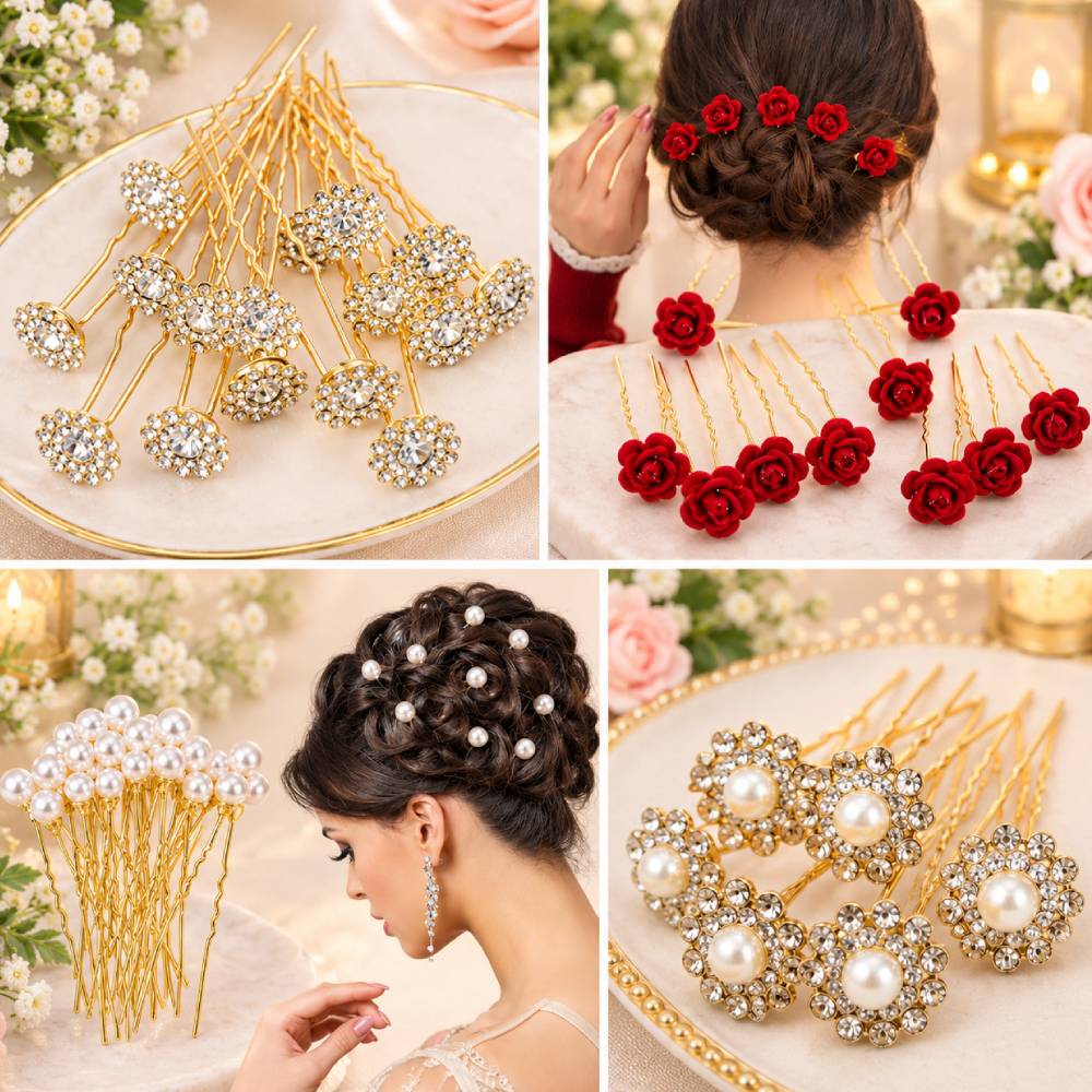 Bridal Hair Pins Set for Women - Gold Pearl Rhinestone & Red Rose Flower Wedding Juda Pins Hair Accessories for Bun decorate