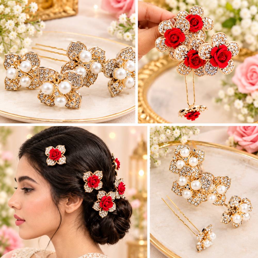Bridal Hair Pins Set for Women - Gold Rhinestone Pearl & Red Rose Flower Wedding Hair Accessories for Buns (Judapin for Bride)