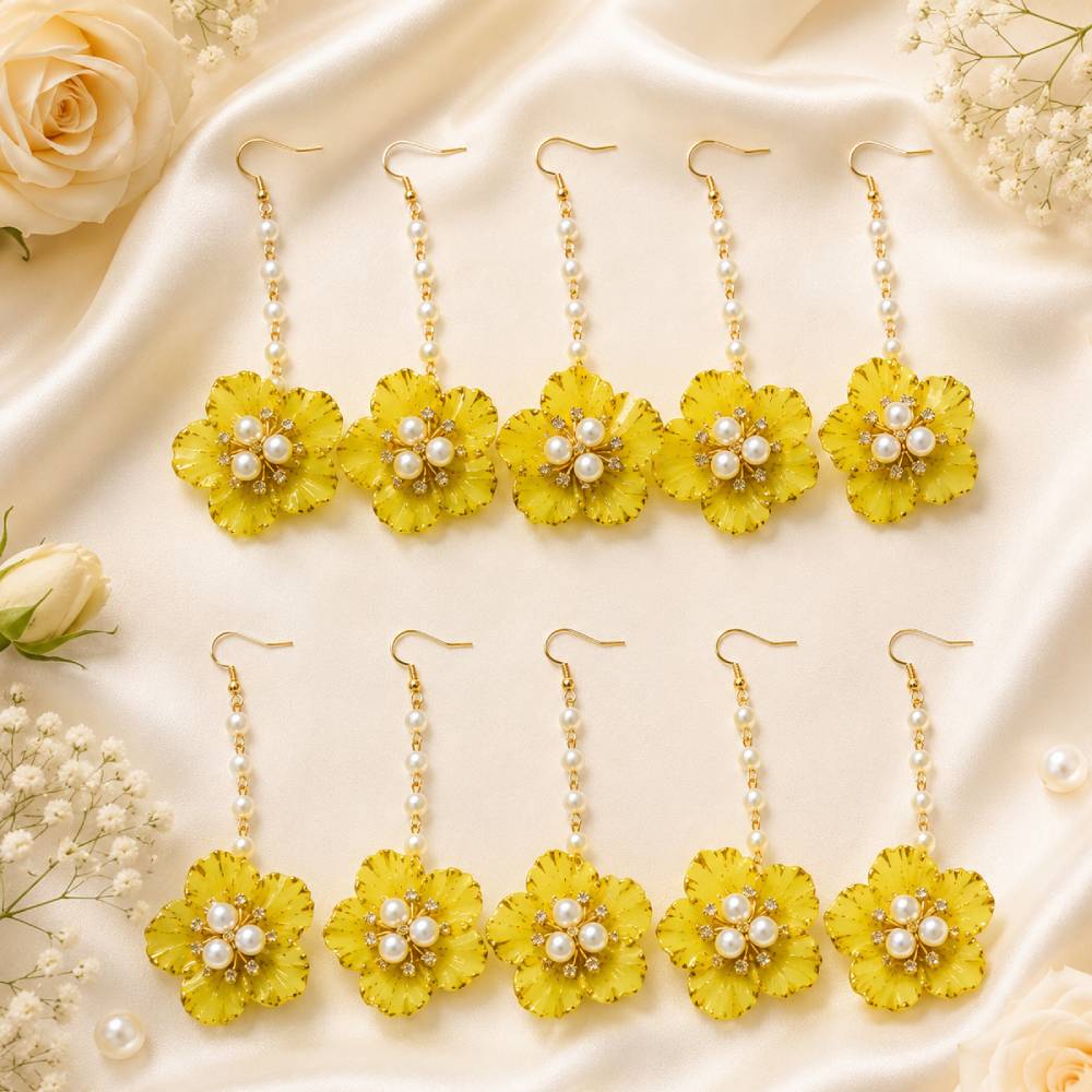 Aasha Fashion 10 Pcs Yellow Flower Artificial Maang Tikka Set with Pearl Detailing | Floral Bridal Jewellery Set for Women & Girls | Haldi, Mehendi, Wedding & Festive Wear