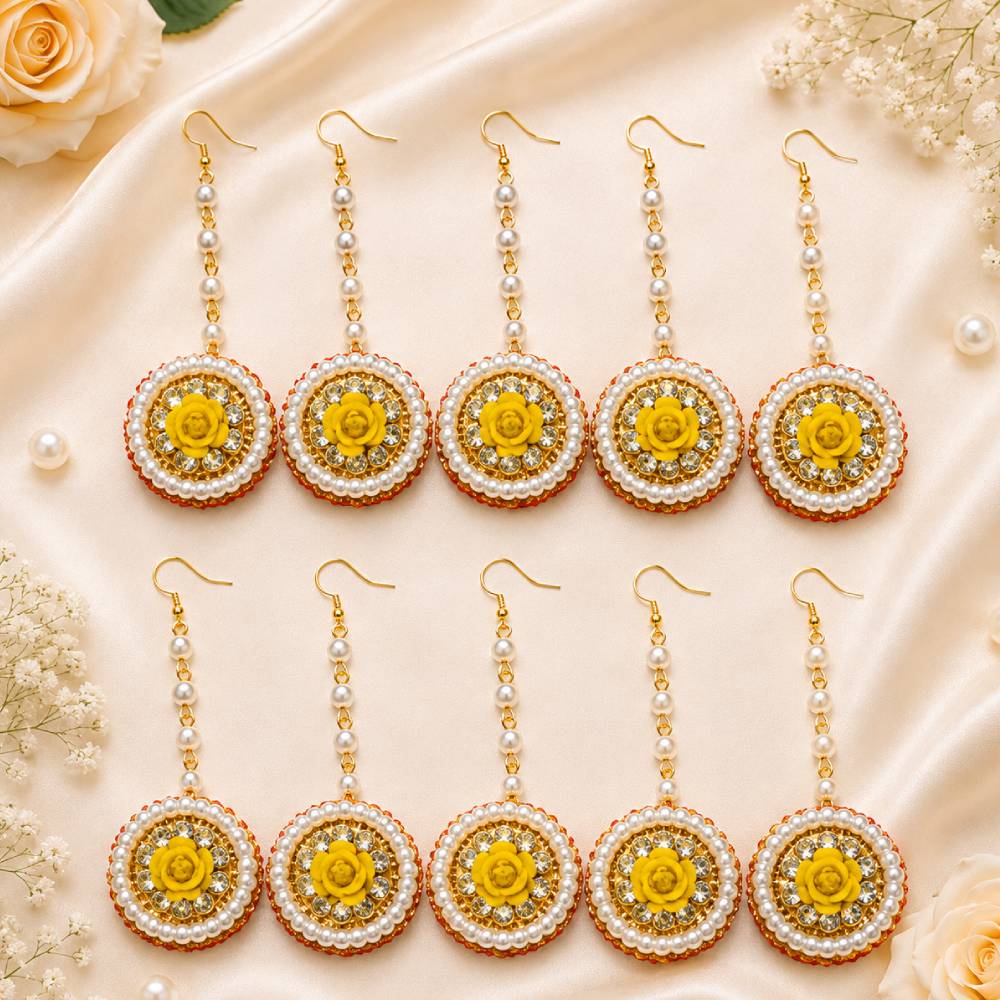 Aasha Fashion 10 Pcs Yellow Flower Artificial Pearl Maang Tikka Set with Crystal Stones | Floral Bridal Jewellery for Women & Girls | Haldi, Mehendi, Wedding & Festive Wear