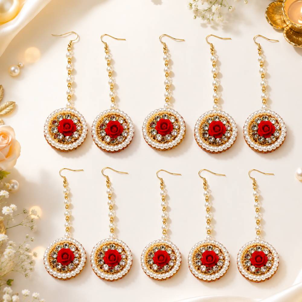 aasha fashion 10 pcs artificial pearl maangtika set with red rose & crystal stone floral design | bridal wedding jewelry for women & girls | haldi, mehendi & festive wear