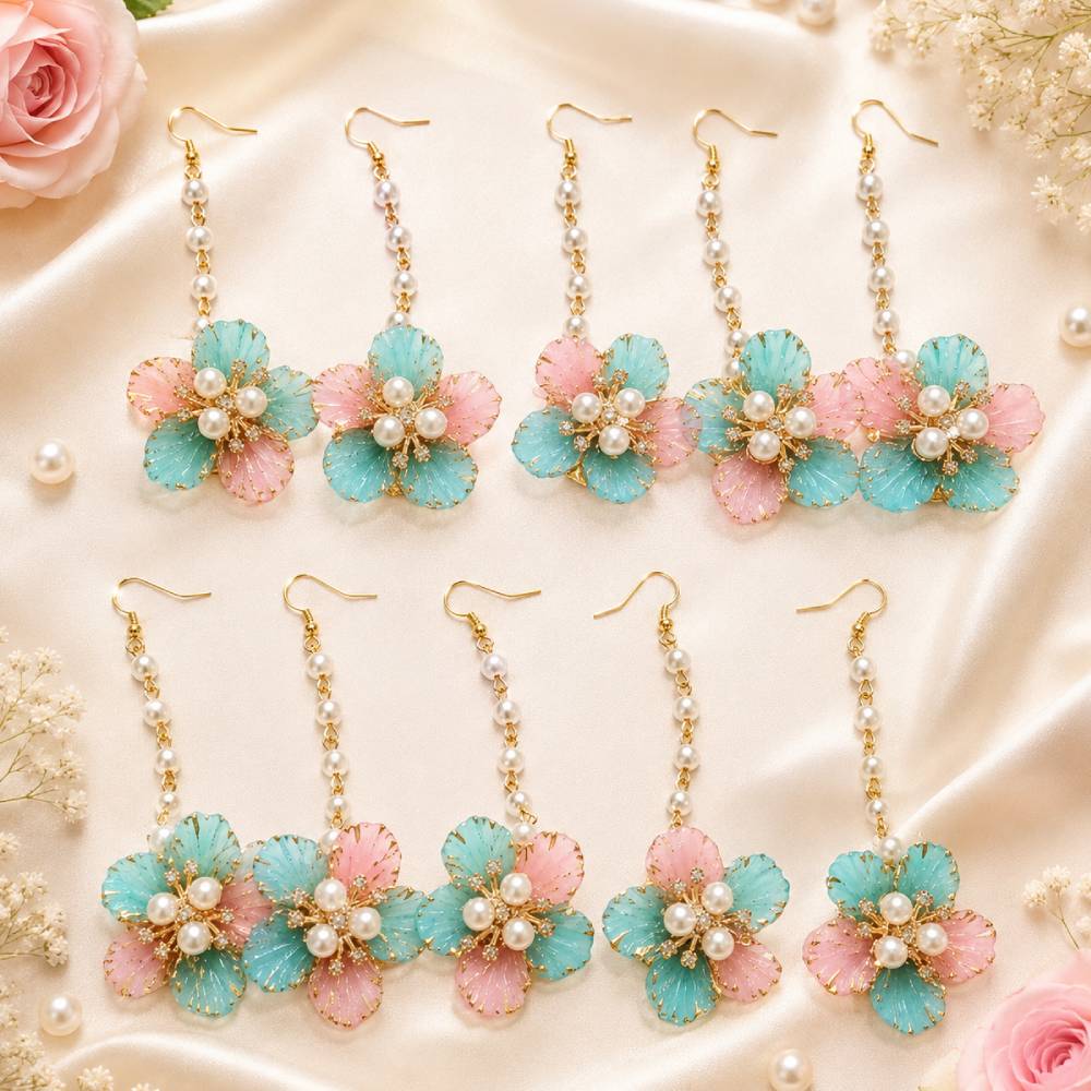 Aasha Fashion Pink Blue Artificial Flower Mangtika Set with Pearl Beads | Floral Bridal Jewelry set for Women & Girls | Haldi, Mehendi, Wedding & Festive Wear